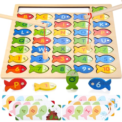 WOODMAM Juego de Pesca de Madera para niños de 3 años,Montessori ABC para Aprender Juguetes de Rompecabezas con Tarjetas de Palabras, Letras de Pesca adecuados de Edad Regalos para niños pequeño