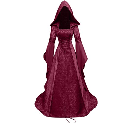 WOZOW - Vestido medieval con capucha, disfraz de Halloween y niña, manga larga, disfraz para adulto, cosplay, vampiro, bruja, reina, Toussaint Carnaval, drama fiesta (rojo, 4XL)