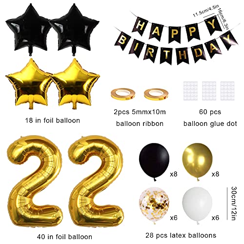 Xihuimay Bandera de cumpleaños para 22 cumpleaños, color negro, para fiesta de cumpleaños, con número 22 de oro, confeti, globo de helio, estrella y corazón, color negro y dorado