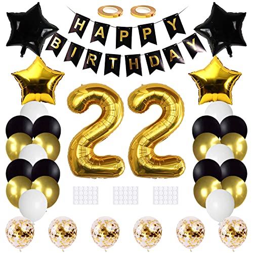 Xihuimay Bandera de cumpleaños para 22 cumpleaños, color negro, para fiesta de cumpleaños, con número 22 de oro, confeti, globo de helio, estrella y corazón, color negro y dorado