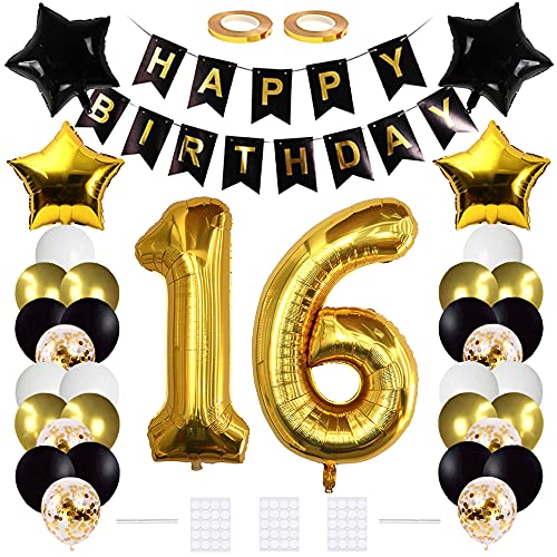 Xihuimay Bandera de cumpleaños para decoración de 16 cumpleaños, color negro, para fiesta de cumpleaños, con número 16 con forma de globo helio látex con forma de corazón, negro y dorado