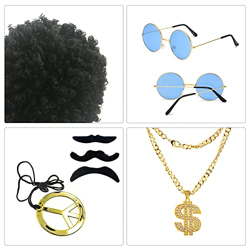 YSDYY 7 accesorios hippies, peluca afro, gafas redondas con montura dorada, bigote, collar de paz y collar de dólar, accesorios de ropa vintage hippie de los años 70.