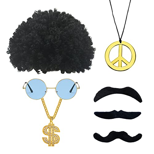 YSDYY 7 accesorios hippies, peluca afro, gafas redondas con montura dorada, bigote, collar de paz y collar de dólar, accesorios de ropa vintage hippie de los años 70.
