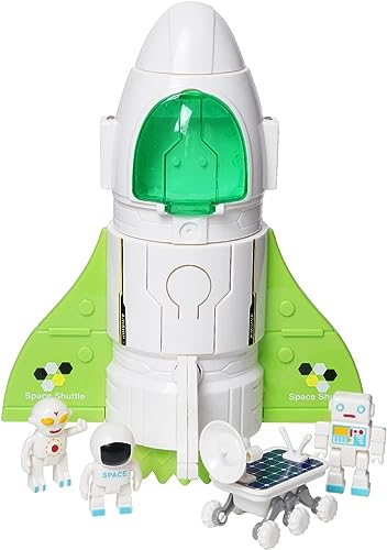 YULEYU Spaceshuttle Misión Espacial Juguete de cohete, juguete de nave espacial con luz y sonido, 3 figuras de astronautas, cabina plegable, puf de rociado, regalo de cumpleaños para niños