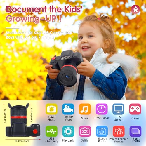 YunLone Camara Fotos Infantil, 1080P HD Selfie Video Camara de Fotos para Niños, Mini DSLR Cámara Infantil con Tarjeta SD de 32GB, Regalos de Cumpleaños para Niños y Niñas de 3 4 5 6 7 8 Años(Negro)