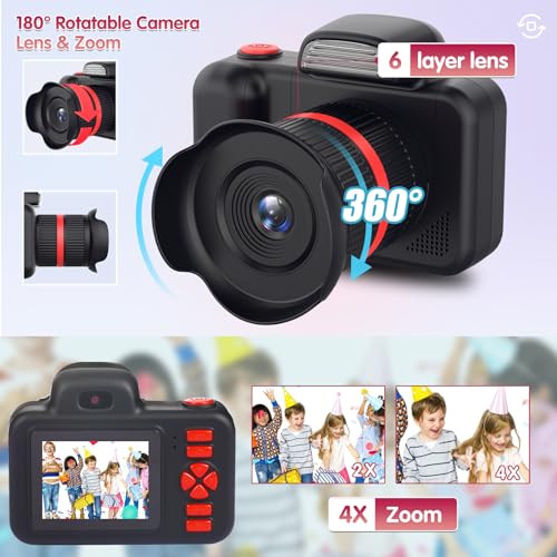 YunLone Camara Fotos Infantil, 1080P HD Selfie Video Camara de Fotos para Niños, Mini DSLR Cámara Infantil con Tarjeta SD de 32GB, Regalos de Cumpleaños para Niños y Niñas de 3 4 5 6 7 8 Años(Negro)
