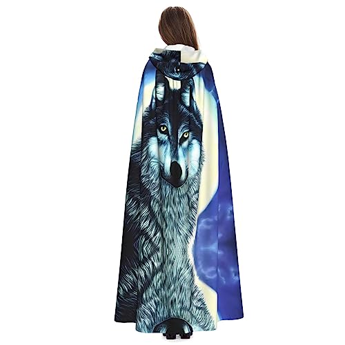 YYHHAOFA Capa con capucha de Halloween para adultos, disfraz de fiesta de cosplay para hombres y mujeres, estampado de lobo bajo la luna, Lobo bajo la luna, talla única