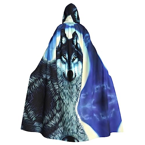 YYHHAOFA Capa con capucha de Halloween para adultos, disfraz de fiesta de cosplay para hombres y mujeres, estampado de lobo bajo la luna, Lobo bajo la luna, talla única