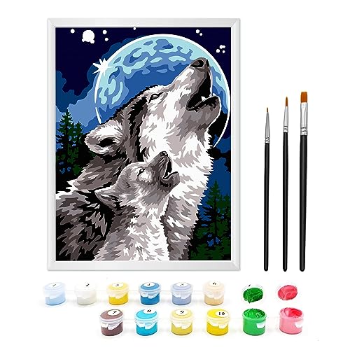 Zimrobin Pintura por números a partir de 7 8 9 años niña y niño, pintura por números para niños con marco 3 pinceles y pinturas acrílicas, 18 x 24 cm (El lobo y la luna)
