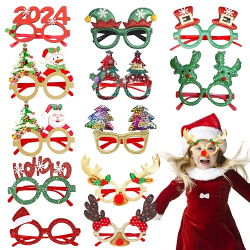 ZOESURE 12 Pcs Gafas de Navidad, Monturas de Gafas Navideñas, dornos Navidad Lindo Reno Árbol de Navidad Decoracion Navidad, gafas navidad para Decoración de Fiesta Navidad