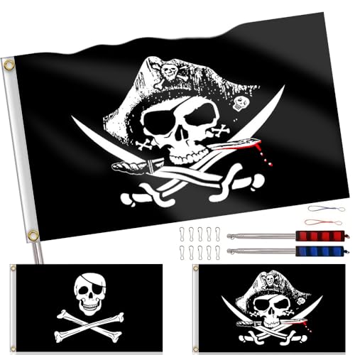 ZOESURE 2 Piezas Bandera Piratas, 90x150 cm Jolly Roger Grande, Bandera Pirata Negro con Mástil de Bandera de 1,2 m, Bandera de Calavera para Decoración de Halloween, Fiesta Pirata, Cosplay Pirata"