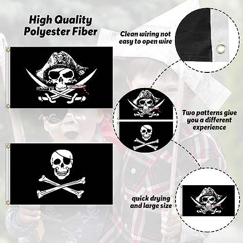 ZOESURE 2 Piezas Bandera Piratas, 90x150 cm Jolly Roger Grande, Bandera Pirata Negro con Mástil de Bandera de 1,2 m, Bandera de Calavera para Decoración de Halloween, Fiesta Pirata, Cosplay Pirata"