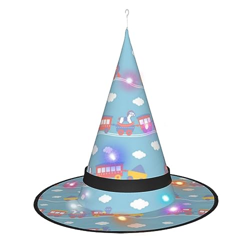 ZORIN Sombreros de bruja brillantes de Halloween con luces LED para mujer, disfraz de cosplay, lindos trenes de juguete con nubes, sombrero de mago, accesorio de decoración de bruja para vacaciones,