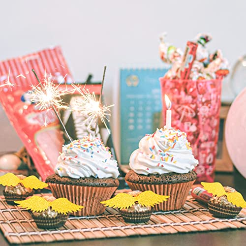 ZORRA 60 piezas de decoración de chocolate con alas doradas, decoración de alas sagradas doradas para decoración de magdalenas para cumpleaños mago, fiesta temática de boda