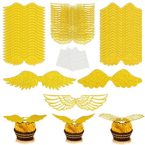 ZORRA 60 piezas de decoración de chocolate con alas doradas, decoración de alas sagradas doradas para decoración de magdalenas para cumpleaños mago, fiesta temática de boda