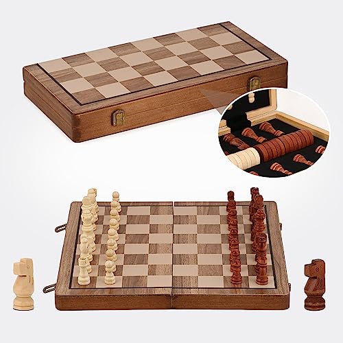Zoutpy Juegos de ajedrez - Juego de tablero de ajedrez plegable magnético de viaje, juego portátil, juego internacional de ajedrez y damas, 2 en 1 para niños, adultos (39 x 39 cm) (color nogal)