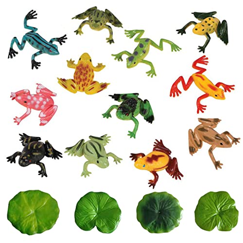 12 Modelos de Rana de plástico Coloridos con Hojas de Loto Artificiales, Ranas de simulación Tropical, Juguetes de reconocimiento de Animales para niños, decoración Flotante para estanques