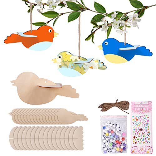 16 piezas 3D pájaros de madera 3D pájaros decorativos kit de manualidades de madera artes creativas y manualidades para niños con 5 metros, 100 ojales, 20 bolas pequeñas, una pegatina de taladro