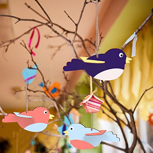 16 piezas 3D pájaros de madera 3D pájaros decorativos kit de manualidades de madera artes creativas y manualidades para niños con 5 metros, 100 ojales, 20 bolas pequeñas, una pegatina de taladro