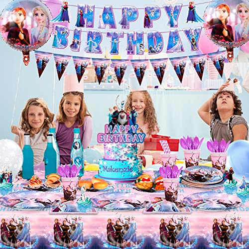 184pcs Set Vajilla y Decoracion de Frozen para Cumpleaños, Incluye Globos,Pancarta, Cake Topper, Mantel, Platos, Vasos, etc. Suministros de Cumpleaños Frozen