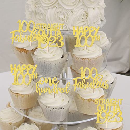 24 adornos para tartas de 100 cumpleaños rectos Outta 1923 para cupcakes con diseño de un perro impresionante Since 1923, 100 fabulosos adornos para tartas para 100 cumpleaños, fiesta de aniversario,