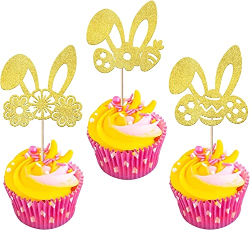 24 unidades de orejas de conejo de Pascua, decoración para tartas, purpurina zanahoria, huevo, orejas de conejo, decoración de tartas, decoración de feliz Pascua, fiestas, accesorios dorados