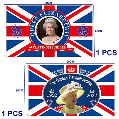3 banderas decorativas de jubileo de platino, incluyen 1 bandera grande (150 x 90 cm) y 2 banderas pequeñas (14 x 21 cm), celebra el año 70 de la reina en el trono, fiesta (150 x 90 cm)