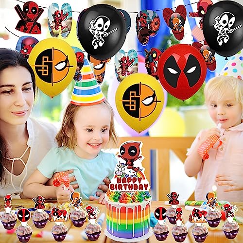 33 Piezas Deadpool Decoracion Cumpleaños, LKNBIF Deadpool Decoraciones de Fiesta, Avenger Globos Fiesta Decoracion Superheroes Cupcake Toppers Banderines de Feliz Cumpleaños para Niño