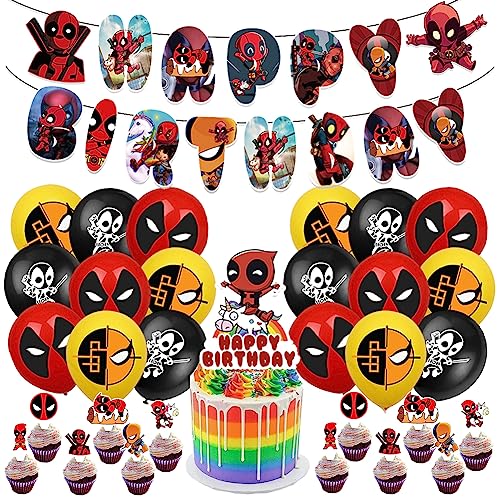33 Piezas Deadpool Decoracion Cumpleaños, LKNBIF Deadpool Decoraciones de Fiesta, Avenger Globos Fiesta Decoracion Superheroes Cupcake Toppers Banderines de Feliz Cumpleaños para Niño