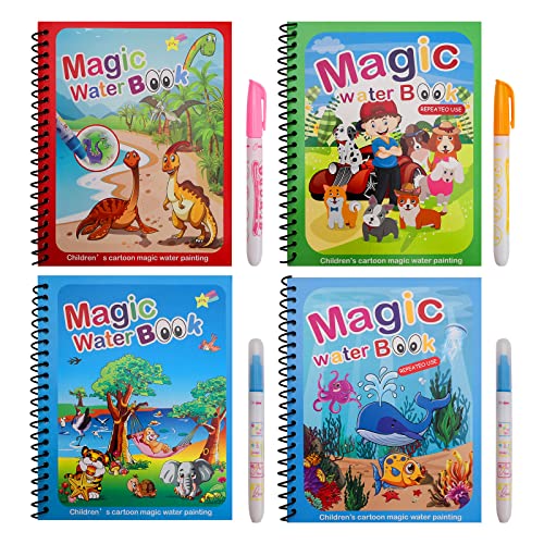 4 Libros Agua Dibujo Pintura Libro Mágico para Colorear Niños con 4 Plumas de Pintura Doodle, Reutilizable Cuadernos para Colorear Niños Colores Magicos Tablero de Pintura niños niñas Regalo