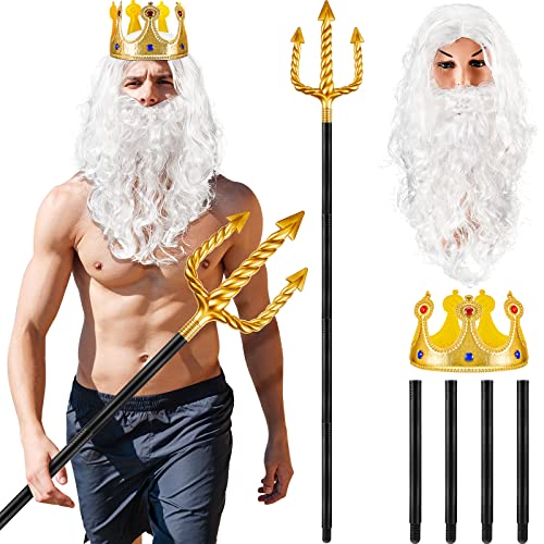 4 Piezas Accesorios para Disfraz de Rey Neptuno Set de Peluca y Barba Blanca Tridente de Oro Corona Dorada de Rey para Disfraz de Navidad