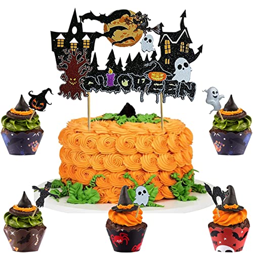 6 Pezzi Decoraciones de Cakes de Halloween, Halloween Pumpkin Ghost Bruja Pastel Decoraciones Suministros, Adorno para Cupcakes de Halloween para Fiestas Halloween, Cocina, Horneado Cupcakes