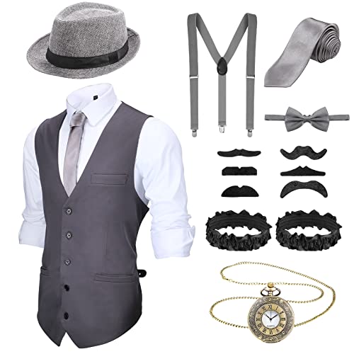 Accesorios de Hombre de 1920 Disfraces Ropa de Gatsby Gángster Atuendo de Cosplay Halloween con Chaleco Sombrero de Fieltro Reloj de Bolsillo Tirantes Corbata (XL, Gris)