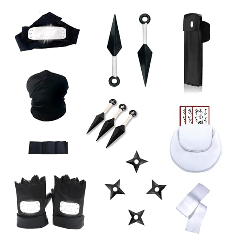 Accesorios para Cosplay Ninja Anime Disfraz, Kunai Grande 26cm y 13cm - Shuriken - Bandana - Bolsas - Mascara y Guantes, Kit Armas Plástico Juguete Regalo Cumpleaños Navidad Adulto Niño/a +8 años