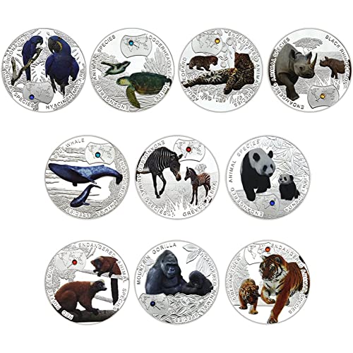 Africa Animal Coin Set 10pcs Monedas De Animales En Peligro De Extinción De África con Monedas De Metal Chapadas En Plata De Diamante para Regalos De Año Nuevo De Navidad