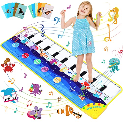 Alfombra de Piano, joylink Alfombra Musical Teclado Alfombra de Baile con 8 Instrumentos y 15 Tarjetas, Alfombra Musical de Teclado Educativo Juguete Regalo para Bebé Niño Niña 110 x 36 cm (Azul)