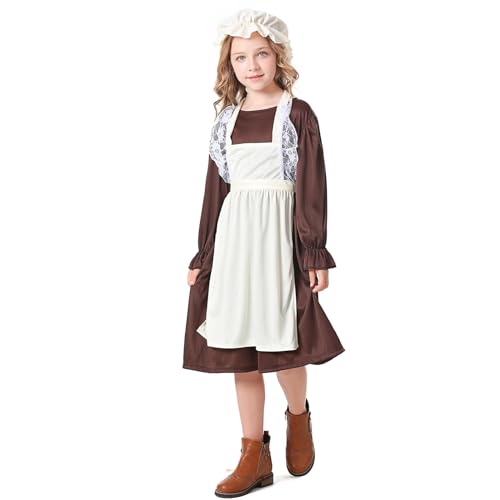ANFUTON Disfraz de sirvienta victoriana para niñas, vestido medieval de aldea victoriana con gorro de fregona, disfraz victoriano para niñas (multicolor, M)
