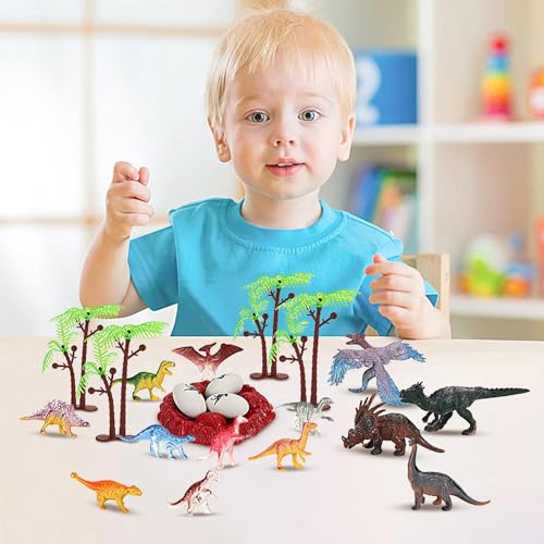 ANQISHI Juguetes de Dinosaurios realistas, Juego Educativo de Dinosaurios, Juego de Dinosaurios con árboles y Caja de Almacenamiento, Regalo de cumpleaños para niños y niñas pequeños