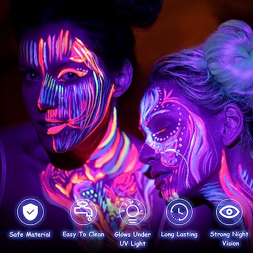 AOOWU Pintura Fluorescente en la Oscuridad, 6 Colores Pintura Cara Niños Hipoalergenica, Neon Pintura Facial y Corporal Seguridad, Maquillaje para Niñas Halloween Festival