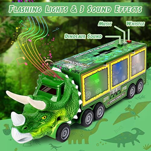 Aoskie Camión Transportador de Dinosaurio con Luz y Sonido, 3 Juguetes Coches, 12 Mini Dinosaurio para Niños 3+ años