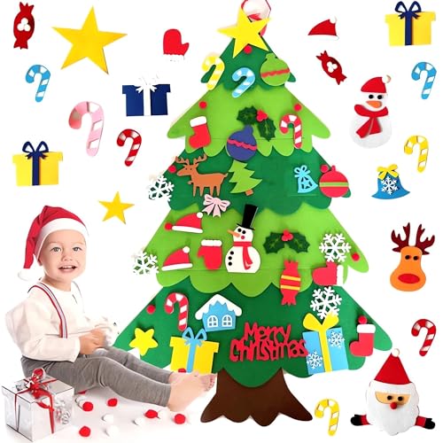 Árbol de Navidad Montessori de fieltro, nuevo árbol de fieltro Montessori 3D, juego de árbol de Navidad de fieltro con luces, árbol de Navidad interactivo para niños con 32 adornos desmontables,