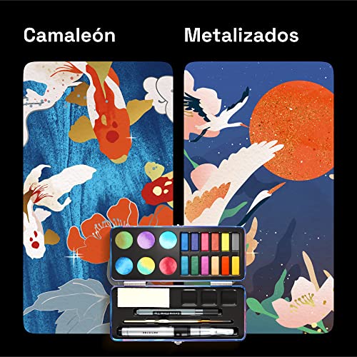 Artistro Kit de 18 Acuarelas Metalizadas, Incluyendo 12 Acuarelas Metalizadas Brillantes y 6 Colores Camaleón. Set de Acuarela de Viaje Ideal para Artistas, Amateurs y Aficionados a la Pintura