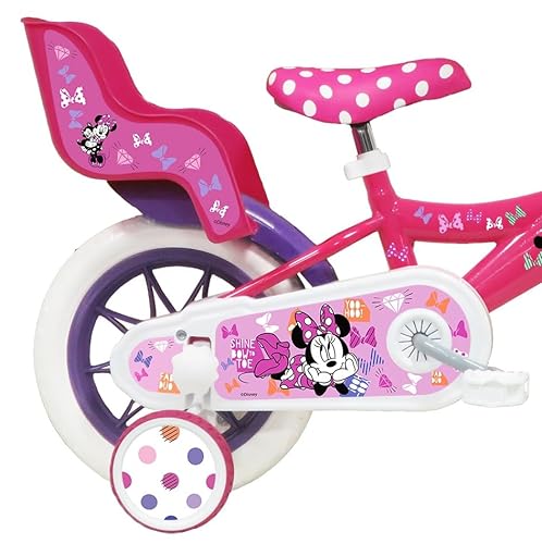 A.T.L.A.S. Bicicleta Infantil de 12 Pulgadas Minnie de Disney Equipada con 1 Freno, Cesta Delantera, Soporte para muñeca Trasera, Guardabarros + Casco Incluido niña, Niñas, Rosa, 12''