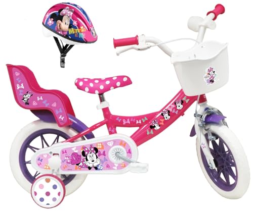 A.T.L.A.S. Bicicleta Infantil de 12 Pulgadas Minnie de Disney Equipada con 1 Freno, Cesta Delantera, Soporte para muñeca Trasera, Guardabarros + Casco Incluido niña, Niñas, Rosa, 12''