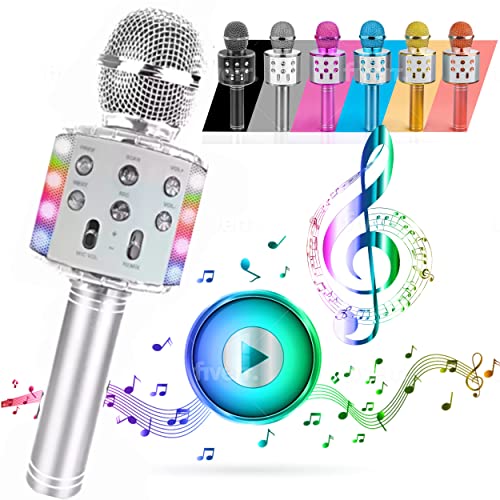 Atlas. Micrófono Karaoke, inalámbrico Bluetooth USB LED Flash Micrófono portátil para promoción Regalo Altavoz inalámbrico para Fiestas, También para niños Juegos, micrófono para niños. (Plata)