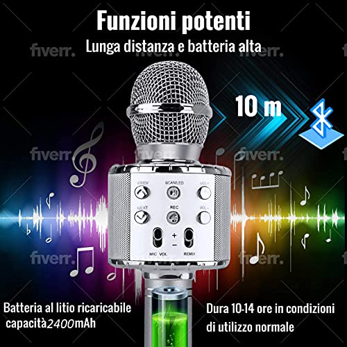 Atlas. Micrófono Karaoke, inalámbrico Bluetooth USB LED Flash Micrófono portátil para promoción Regalo Altavoz inalámbrico para Fiestas, También para niños Juegos, micrófono para niños. (Plata)