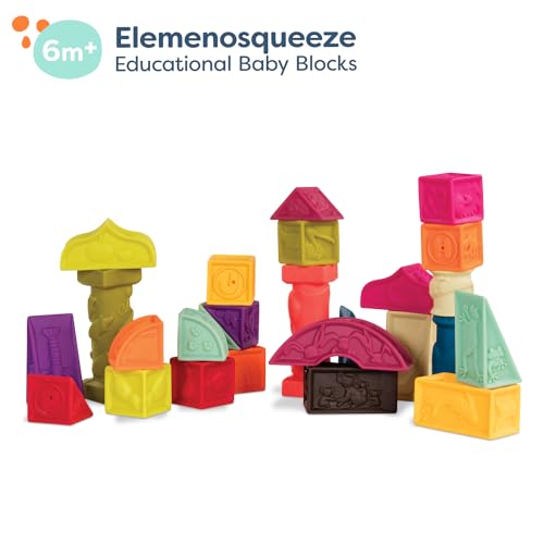 B. Toys by Battat Elemenosqueeze – 26 apilables con números, Animales y Texturas – Bloque Suaves para bebés de 6 Meses en adelante, Multicolor (Branford Ltd. BX1003NTZ)