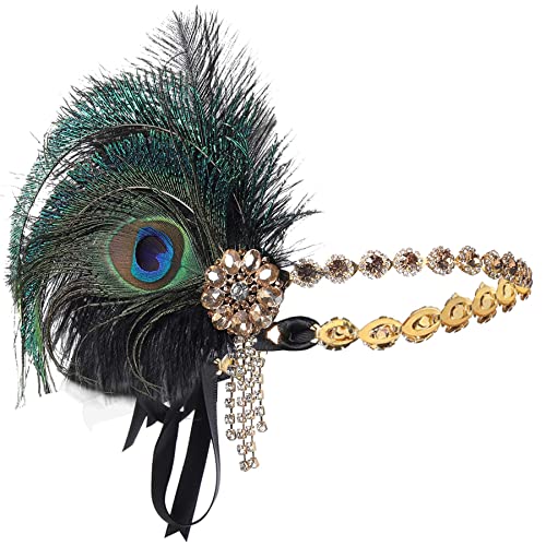 Babeyond Diadema de los años 20 con plumas de pavo real para mujer, estilo años 20, charlestón, para disfraz de Gran Gatsby, color negro y dorado