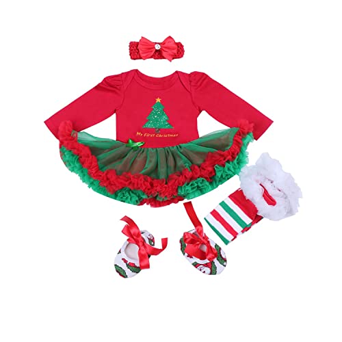 BabyPreg Mi Primer Traje de Navidad para bebé niña Vestido de Fiesta de Papá Noel 4Piezas(9-12 Meses, Arbol de Navidad Largo)
