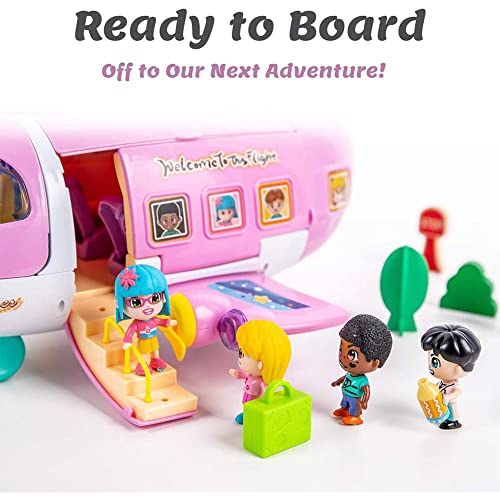 BAKAJI Juego de juego con avión y muñecas, juego de escenario de avión de ensueño rosa con accesorios de 4 personajes, juego de juguete para niños, juego de simulación hermosa idea de regalo